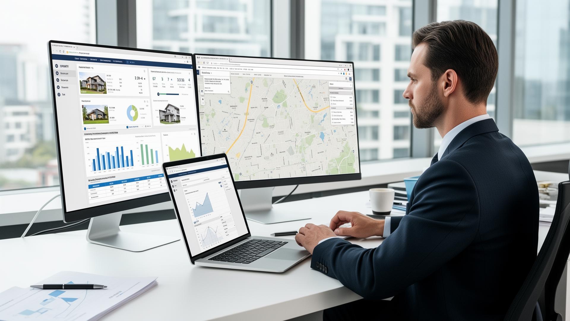 Property valuer analysing Melbourne real estate market data on computer screens for desktop valuation