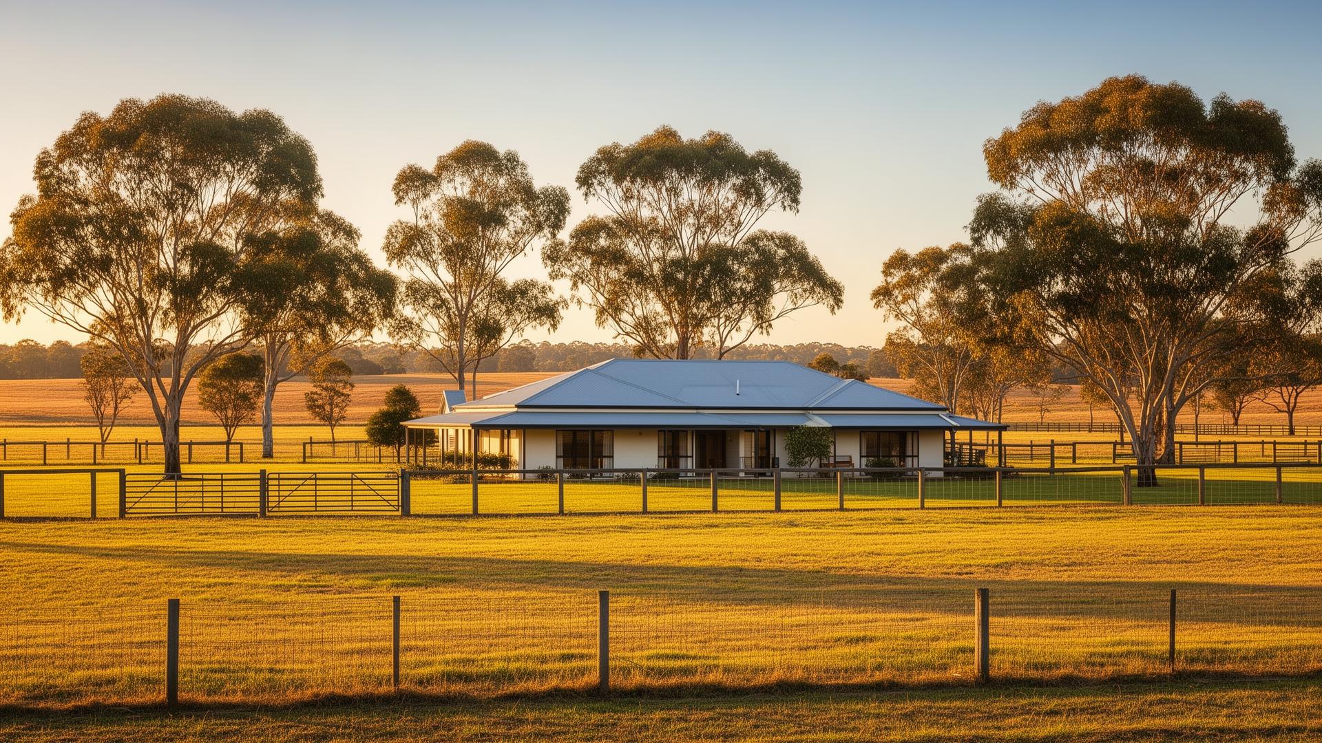 Australian rural farmhouse property with green paddocks and livestock near Melbourne - rural property valuation