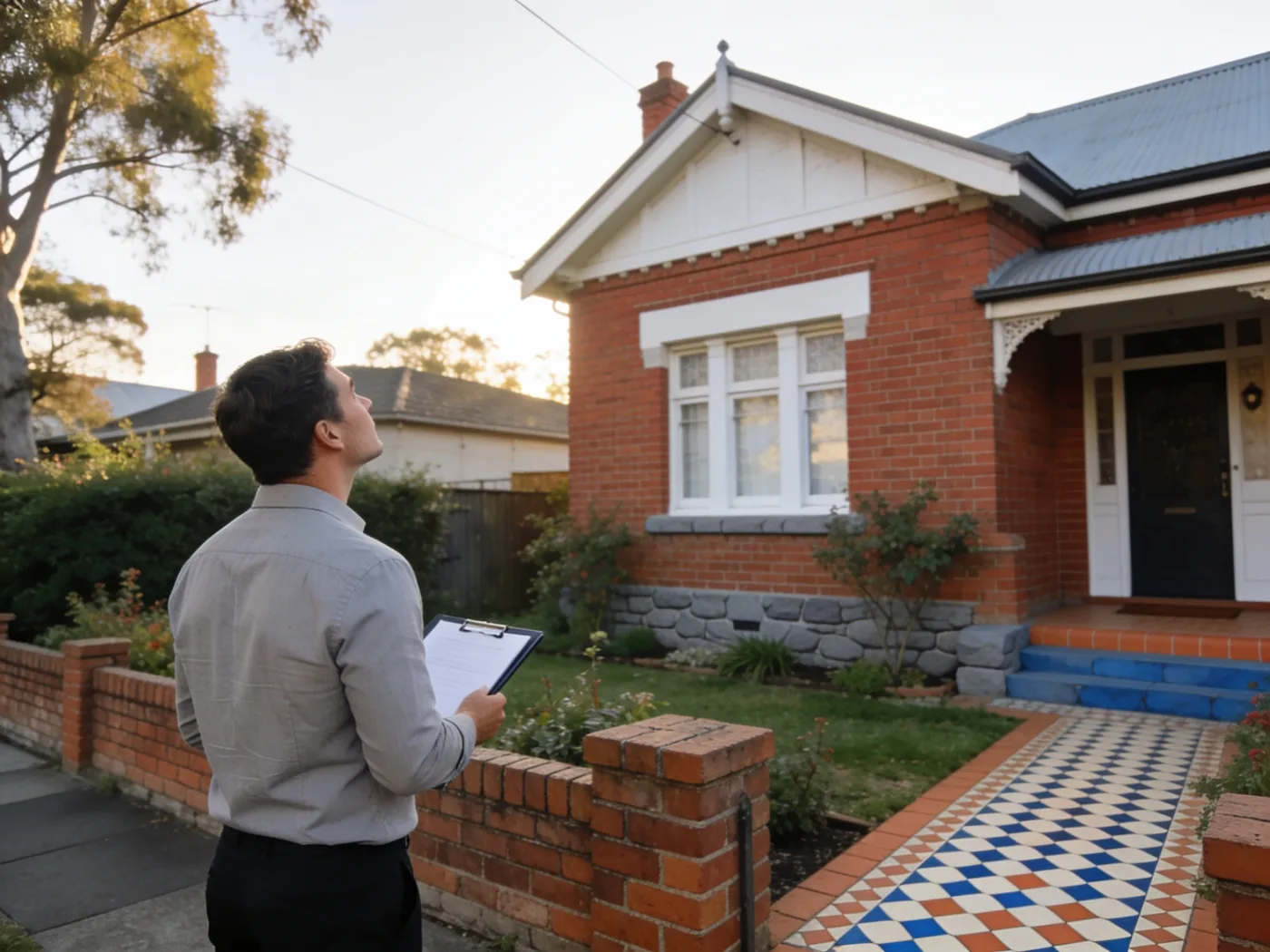 A property valuer inspecting the exterior of an Edwardian red-brick home in suburban Melbourne