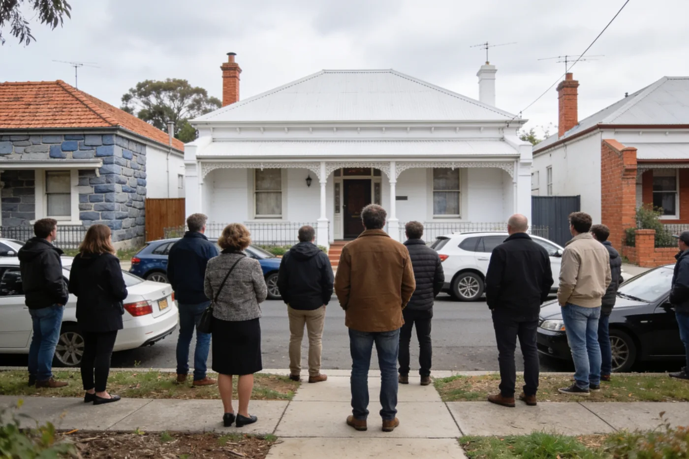 A crowd gathered on the footpath outside a period home for a Melbourne street auction